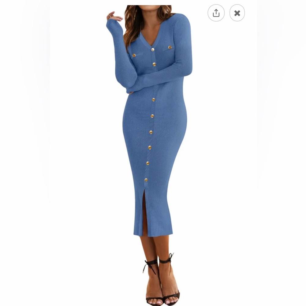 Chic Long Sleeve Blue Knit Dress with Gold Buttons